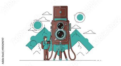 Retro Camera Photography Concept with Tiny Photographer and Mountains