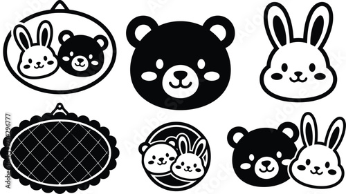Minimalist vector badge set showing smiling rabbit and bear faces in round labels close up portrait with black and white outlines flat design simple cute mockup