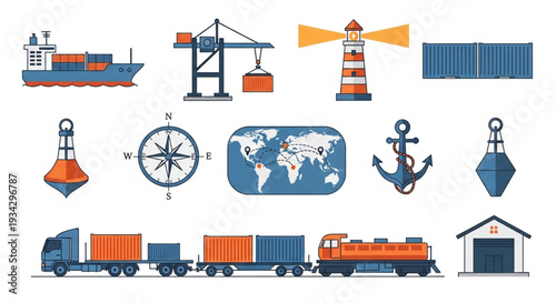 Maritime Transportation and Logistics Icons Set.
