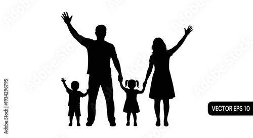 Family of four holding hands and celebrating together in silhouette illustration