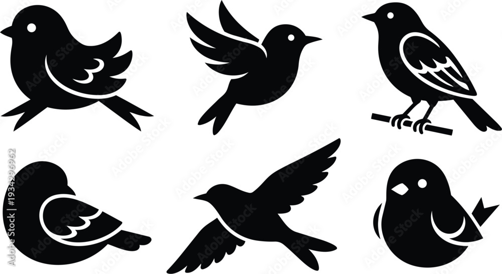 Fototapeta premium Minimalist vector art six black bird icons in varied poses including side view three quarter flying perched resting on a thin branch up flat silhouette design