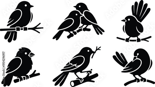 Minimalist vector art six bird silhouettes on branches in varied poses close up flat design black icons isolated on white background with simple negative space composition