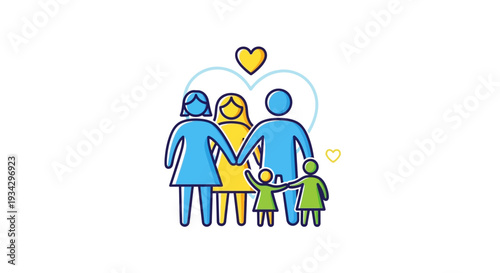 Illustration of happy family with parents and children holding hands together in love and harmony