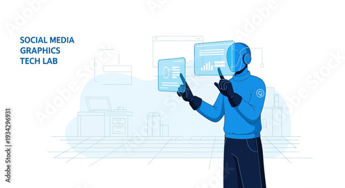 Robot Interacting with Futuristic Digital Displays in Tech Lab