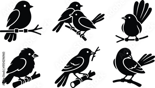 Minimalist vector art six bird silhouettes perched on branches in varied poses close up side view flat black icon set with tail fans and wing details