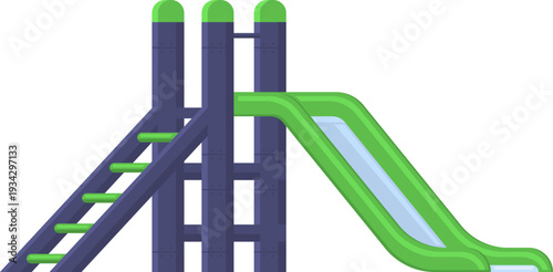 Playground structure with green slide and staircase