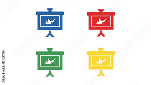 Four colorfully designed easels with a white bird graphic on each board
