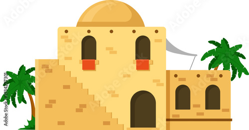 Traditional mud house with palm trees in desert setting