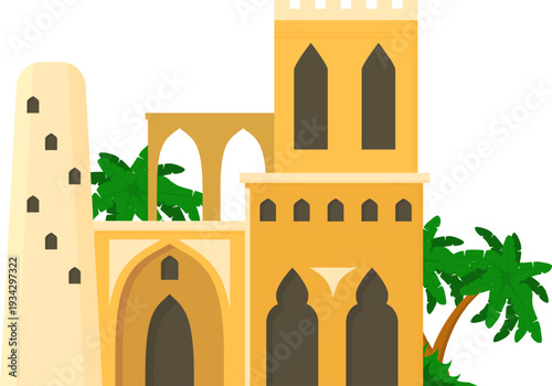 Arabian architecture building with traditional design and palm tree