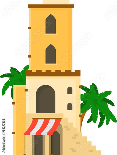 Traditional Middle Eastern building with awning and palm trees