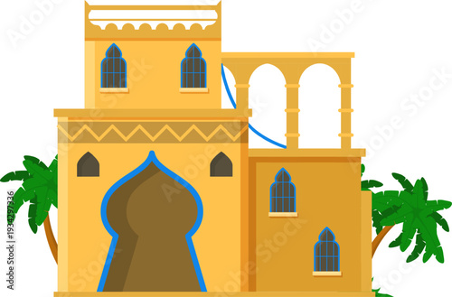 Arabian traditional building with archways and palm trees