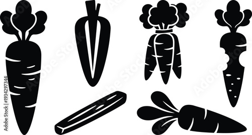 Minimalist black carrot icon set flat design close up top view six stylized root vegetables arranged horizontal on white background vector illustration silhouette organic icons editable