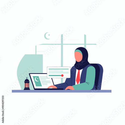 Dedicated professional woman in a hijab working on her laptop, focused on online business, learning, or communication, embodying modern productivity in a culturally rich environment