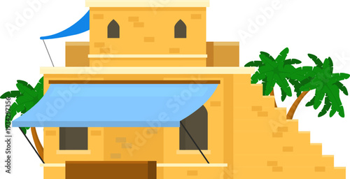 Arabian building with palm trees and blue awnings