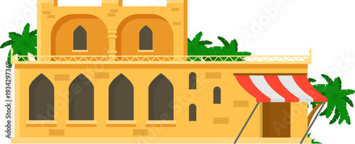 Arabic building featuring arched windows with market awning