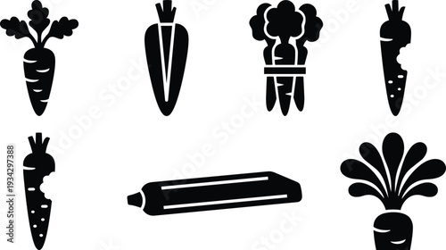 Minimalist icon set close up stylized carrot icons showing whole sliced and bundled carrots on white background flat vector art bold silhouette high contrast simple composition
