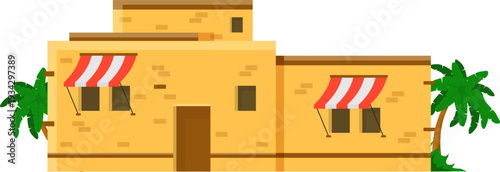 Building with red awnings and palm trees in Middle Eastern style