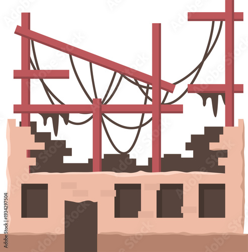 Destroyed building with exposed beams and broken walls