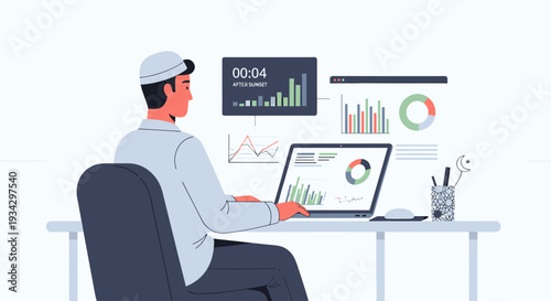 Man analyzing business data and financial charts on laptop with graphs and statistics on screen