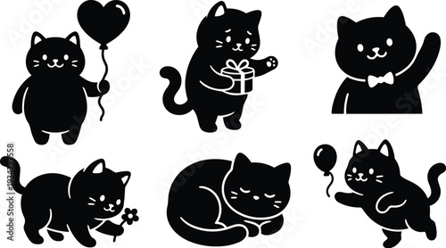 Flat vector cat icon set showing six playful black cats holding balloon holding gift waving sniffing flower walking and sleeping in simple monochrome style minimalist cute