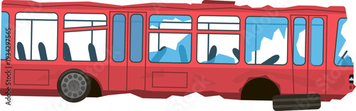 Demolished red bus showing severe damage after accident