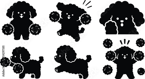 Minimalist flat design close up poodle icons showing playful poodle with pom poms jumping running sitting waving paw multiple poses in silhouette vector art cheerful expression