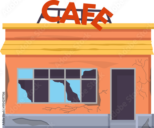 Abandoned building with broken cafe sign and windows