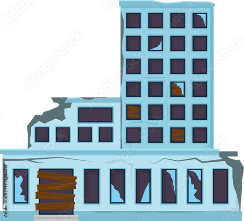 Building with broken windows and boarded up door