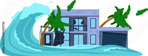 Tsunami wave hitting coastal house causing flood damage