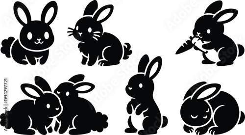 Minimalist vector art close up adorable black bunny silhouettes in multiple poses including eating carrot grooming sleeping sitting looking forward flat design simple shapes isolated white