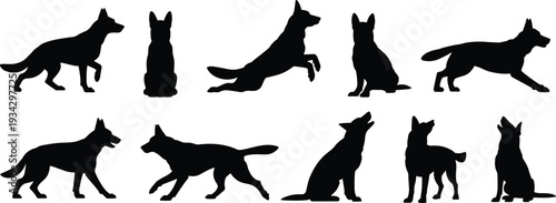 German Shepherd silhouette action pose bundle, dog breed running sitting and jumping SVG set for Cricut, vinyl decal, pet lover gift and printable art