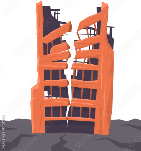 Destroyed building cracking from a natural disaster