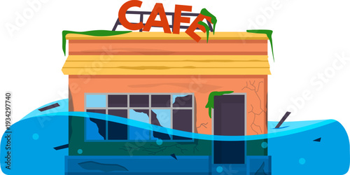 Cafe building submerging in flood water showing destruction