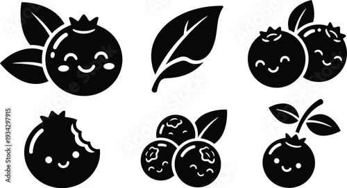 Flat kawaii blueberry icon set close up smiling round berries with leaves some bitten low angle isolated black silhouette vector art stacked trio single fruit playful