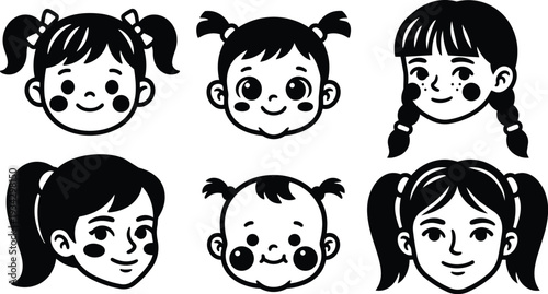 Minimalist black and white vector icon sheet showing six girl and baby faces with varied hairstyles close up front view smiling simple flat design playful friendly