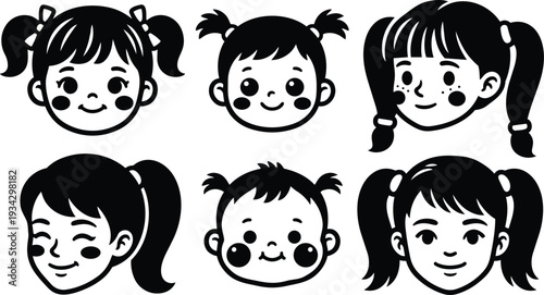Minimalist vector art close up six smiling girl faces with pigtails varied hairstyles looking at camera black and white flat design playful expression cute icon composition