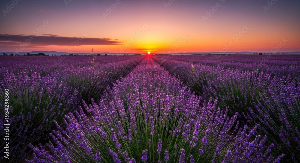 Fototapeta premium Field of purple blooms under vibrant sunset, rows receding to horizon