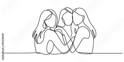Minimalist one line art illustration of three women embracing
