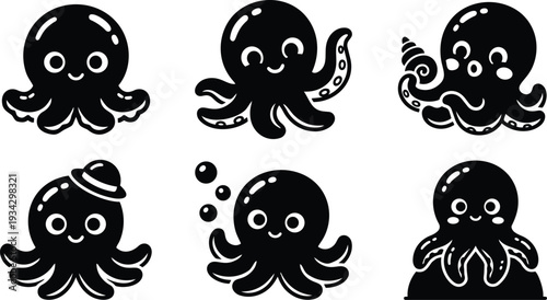 Minimalist vector art set of six smiling octopus icons showing different tentacle poses shell hat bubbles kawaii faces black silhouette flat design close front side portrait