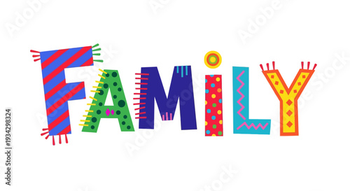 Colorful illustration of family word art displayed prominently in a lively environment from a straightforward viewpoint