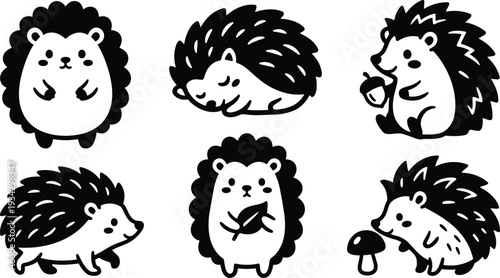 Cute minimalist monochrome hedgehog icon set showing six playful poses including sleeping curled holding acorn and mushroom in flat vector art bold line style simple silhouette