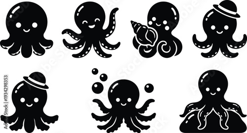 Flat design cute octopus icon set close smiling octopus characters with shells hat bubbles varied poses simple black silhouettes vector art for print and digital stickers