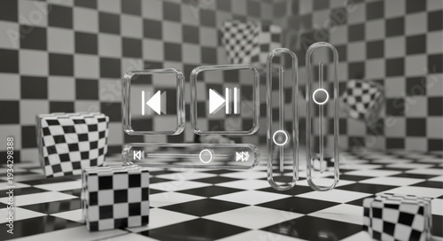 Transparent Play Button Icon on a Checkerboard Background.