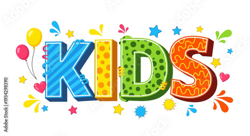 Colorful illustration of kids surrounded by balloons and stars in a whimsical environment from a front viewpoint