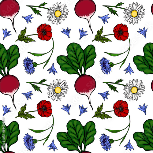 Red radish and wildflowers seamless pattern vector illustration