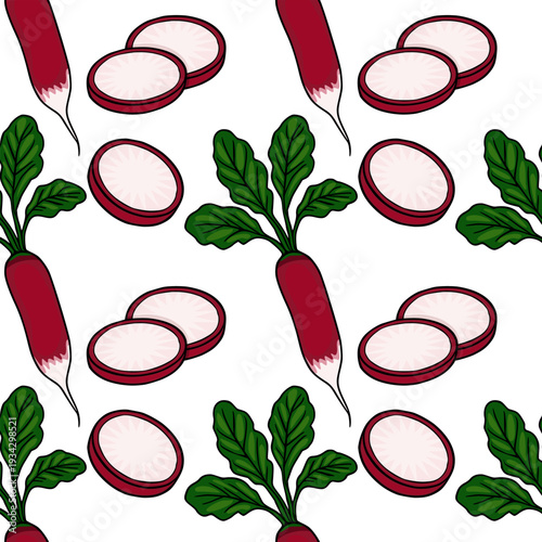 Seamless vector pattern of fresh radishes with green leaves and sliced pieces, isolated on white.