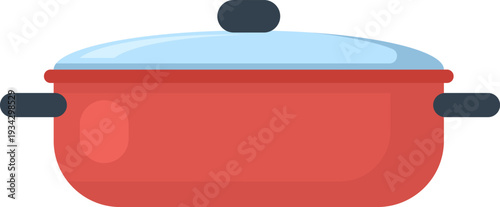 Red cooking pot with translucent lid preparing meal
