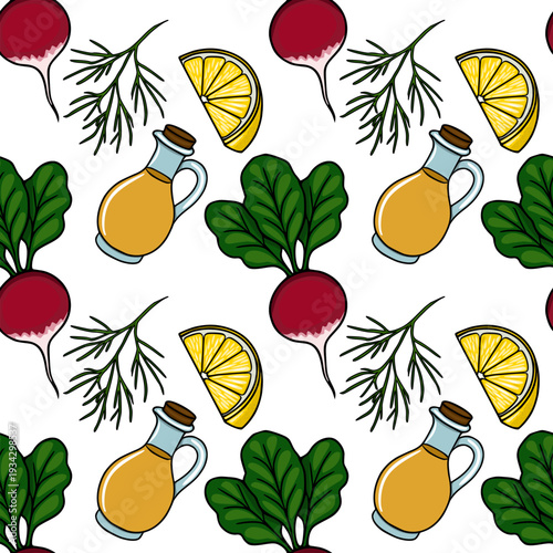 Vibrant vector pattern of fresh radishes, dill sprigs, lemon slices, and olive oil bottles