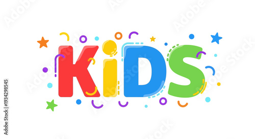 Colorful illustration of children having fun surrounded by playful shapes and stars