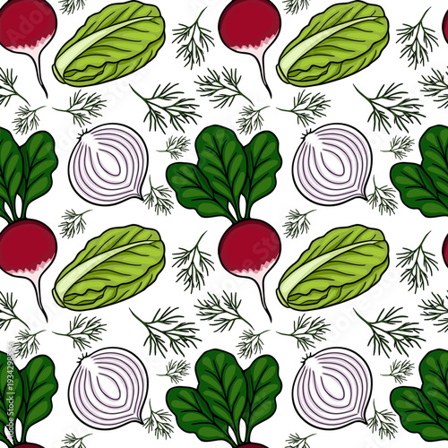 Fresh vegetable vector pattern with radishes, lettuce, onion, and dill